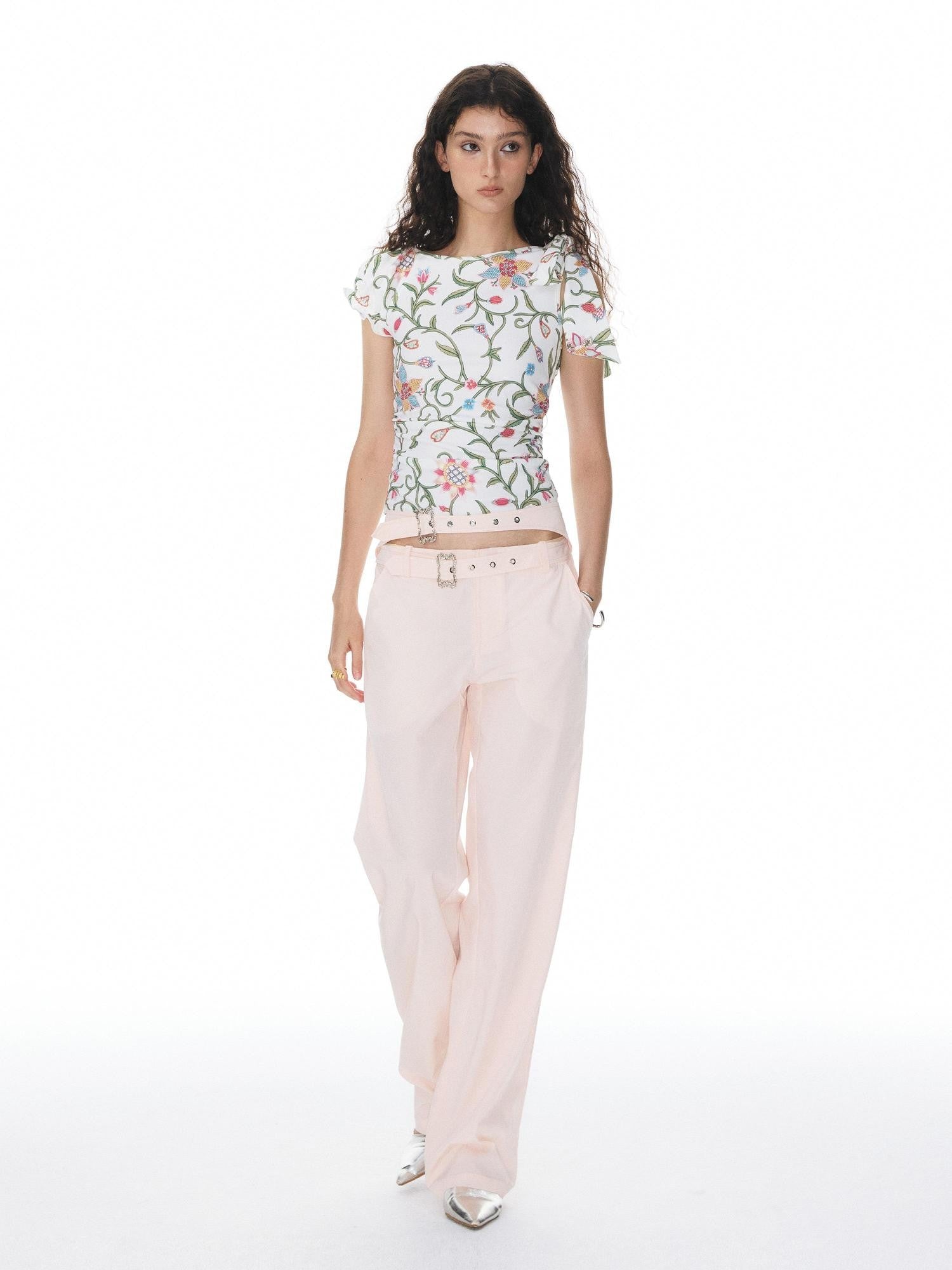 YOSHUYUKI Pink Floral Print Asymmetric Ribbon Women&