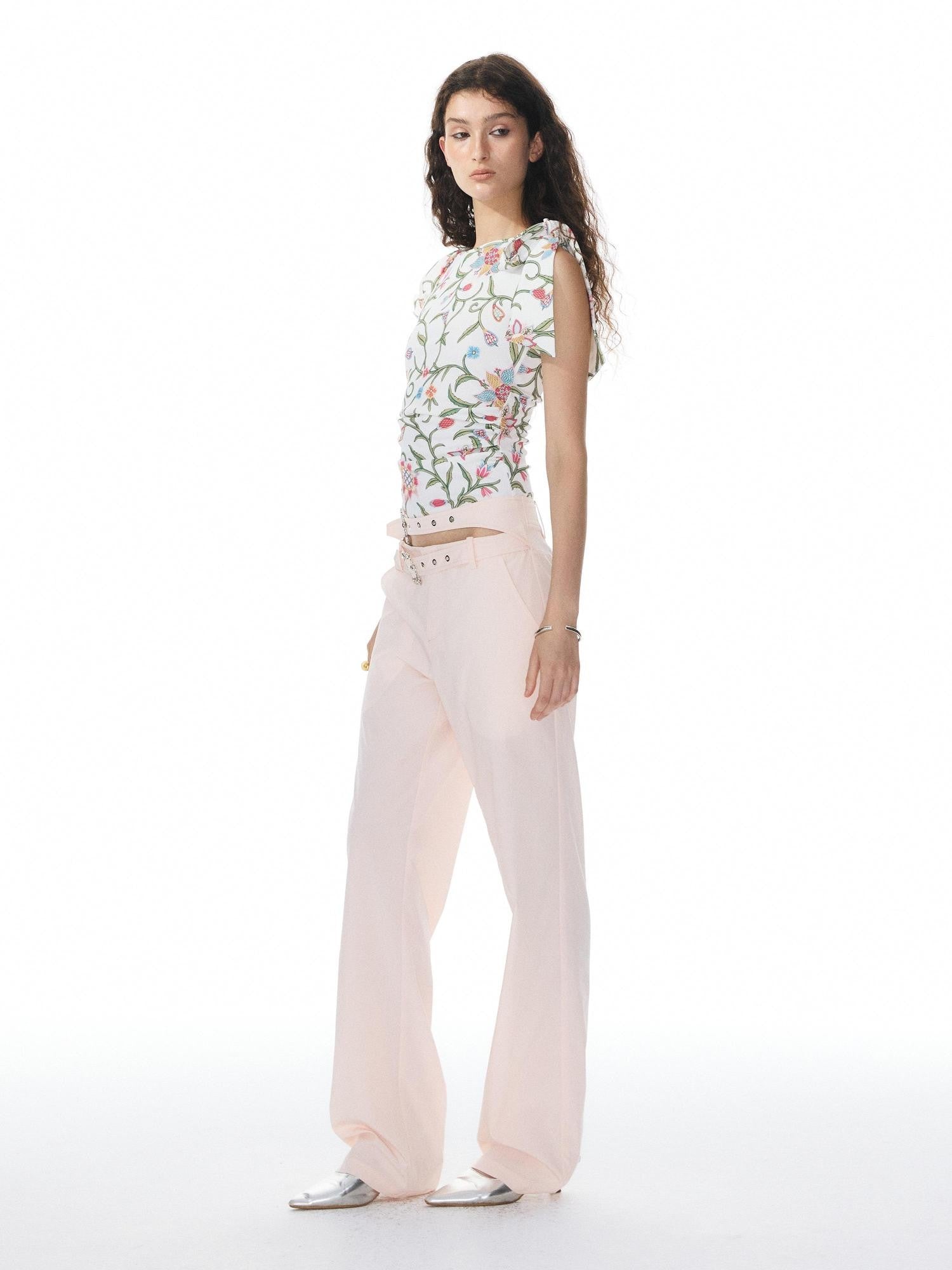 YOSHUYUKI Pink Floral Print Asymmetric Ribbon Women&