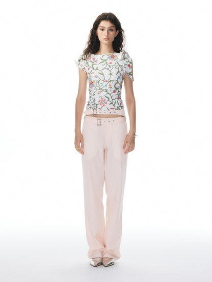 YOSHUYUKI Pink Floral Print Asymmetric Ribbon Women&
