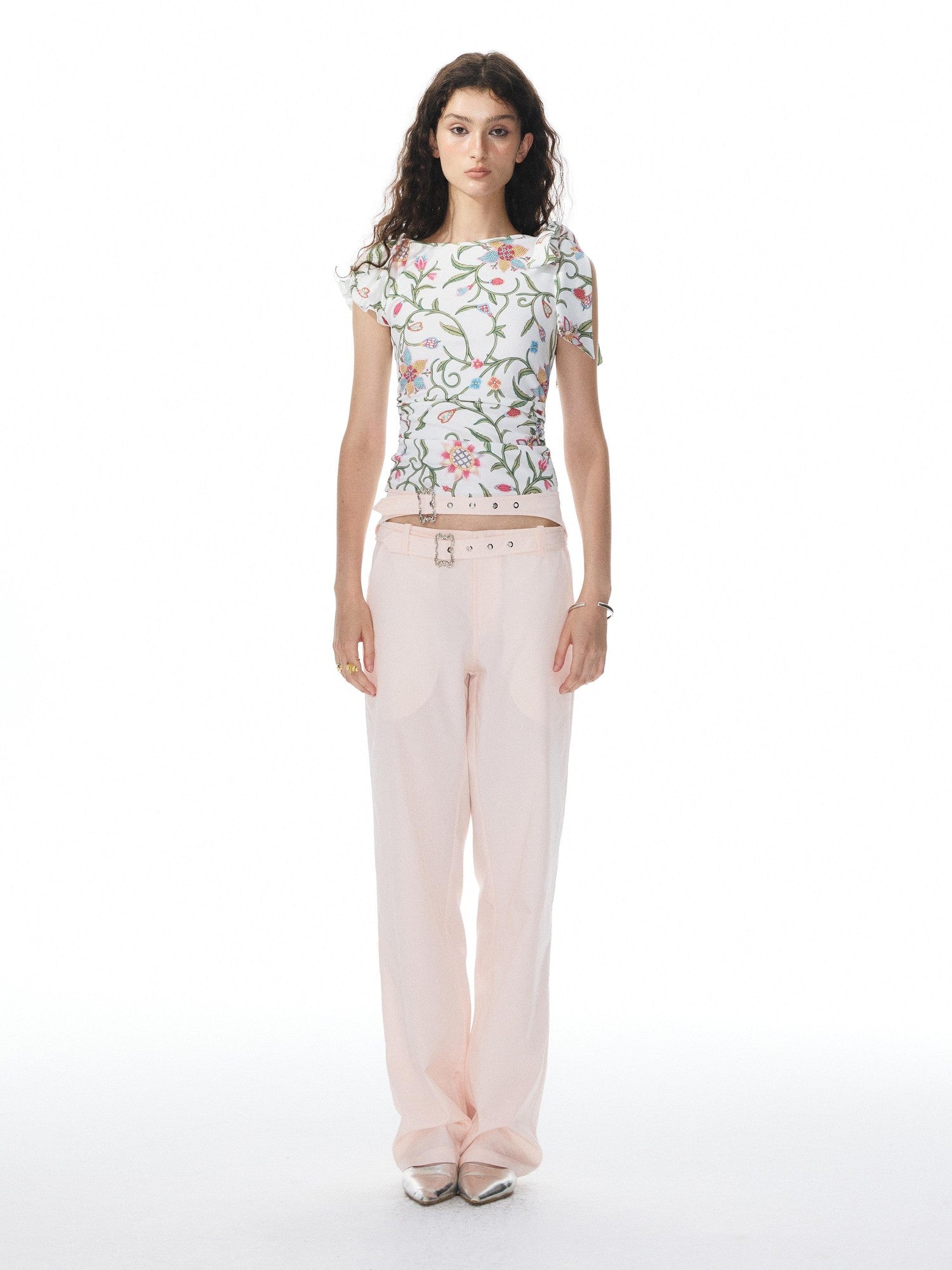 YOSHUYUKI Pink Floral Print Asymmetric Ribbon Women&