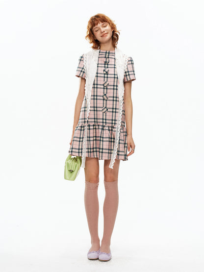 YOSHUYUKI Pink Plaid Large Button Straight A Line Women&