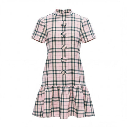 YOSHUYUKI_Pink_Plaid_Large_Button_Straight_A_Line_Women&