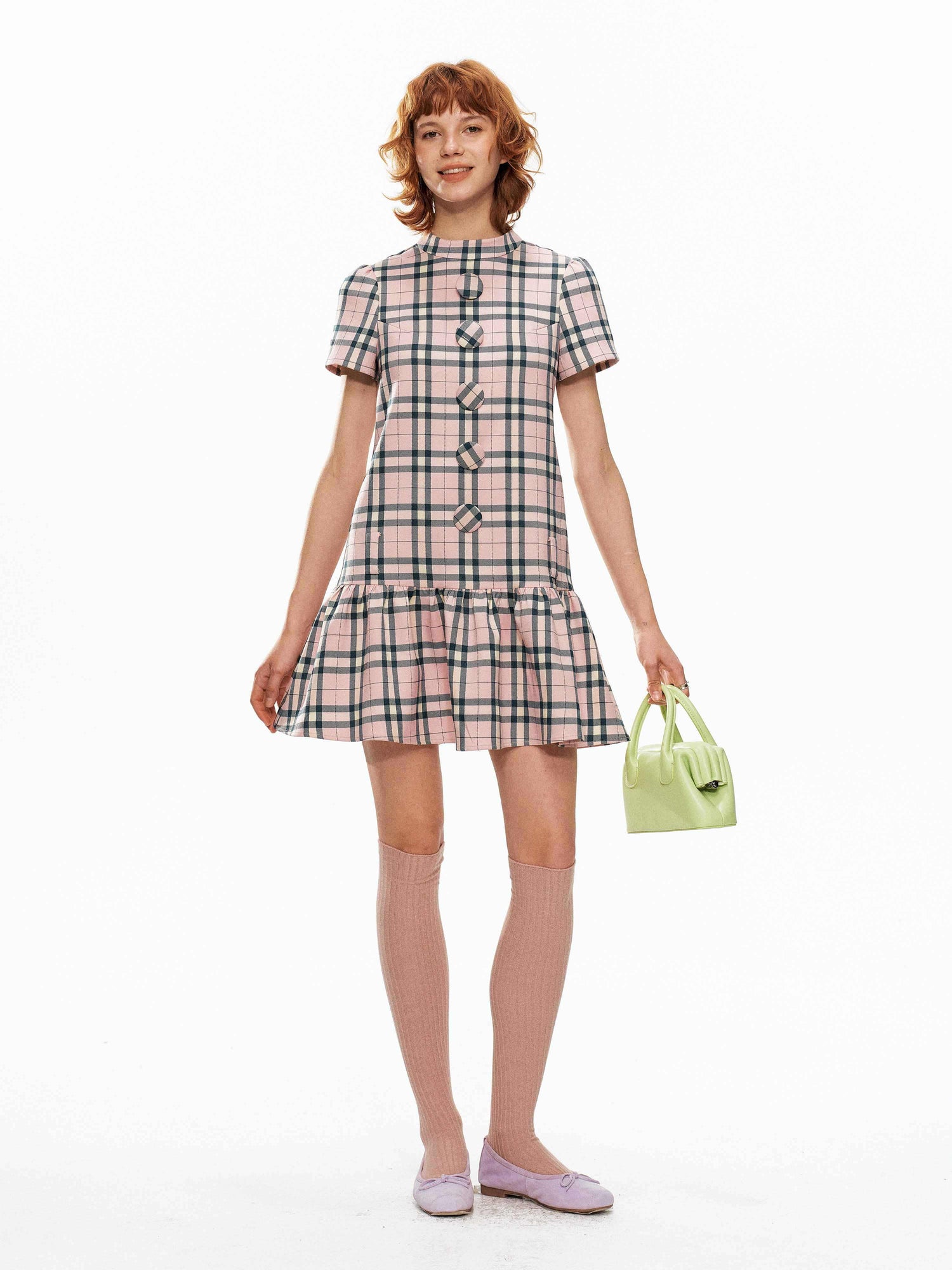 YOSHUYUKI_Pink_Plaid_Large_Button_Straight_A_Line_Women&