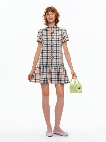 YOSHUYUKI Pink Plaid Large Button Straight A Line Women&
