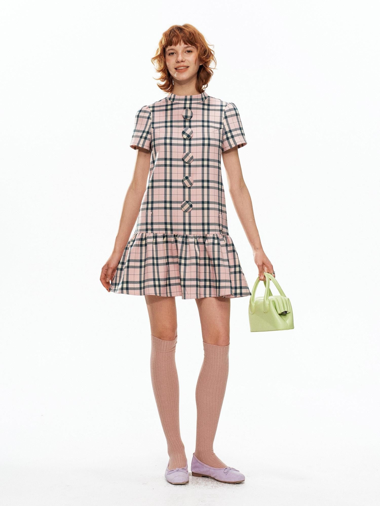 YOSHUYUKI Pink Plaid Large Button Straight A Line Women&