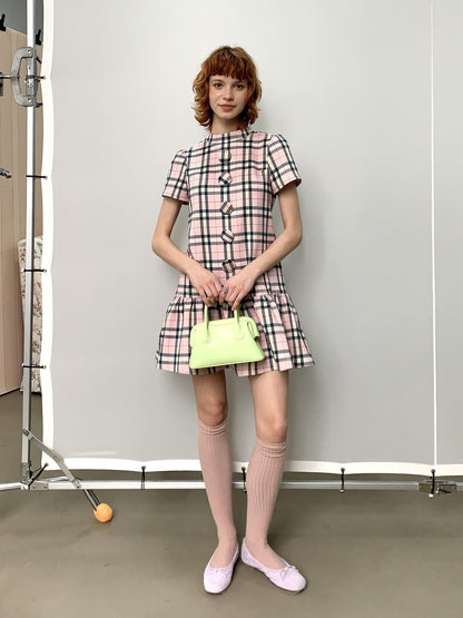 YOSHUYUKI Pink Plaid Large Button Straight A Line Women&