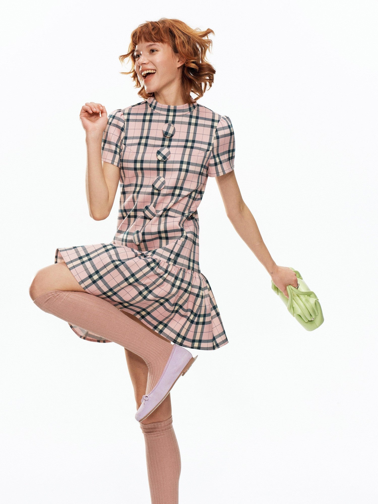 YOSHUYUKI Pink Plaid Large Button Straight A Line Women&