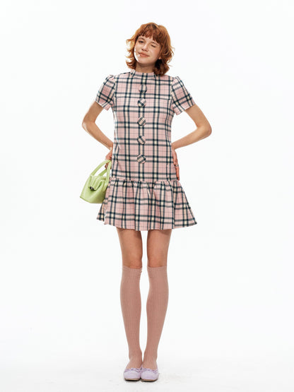 YOSHUYUKI Pink Plaid Large Button Straight A Line Women&