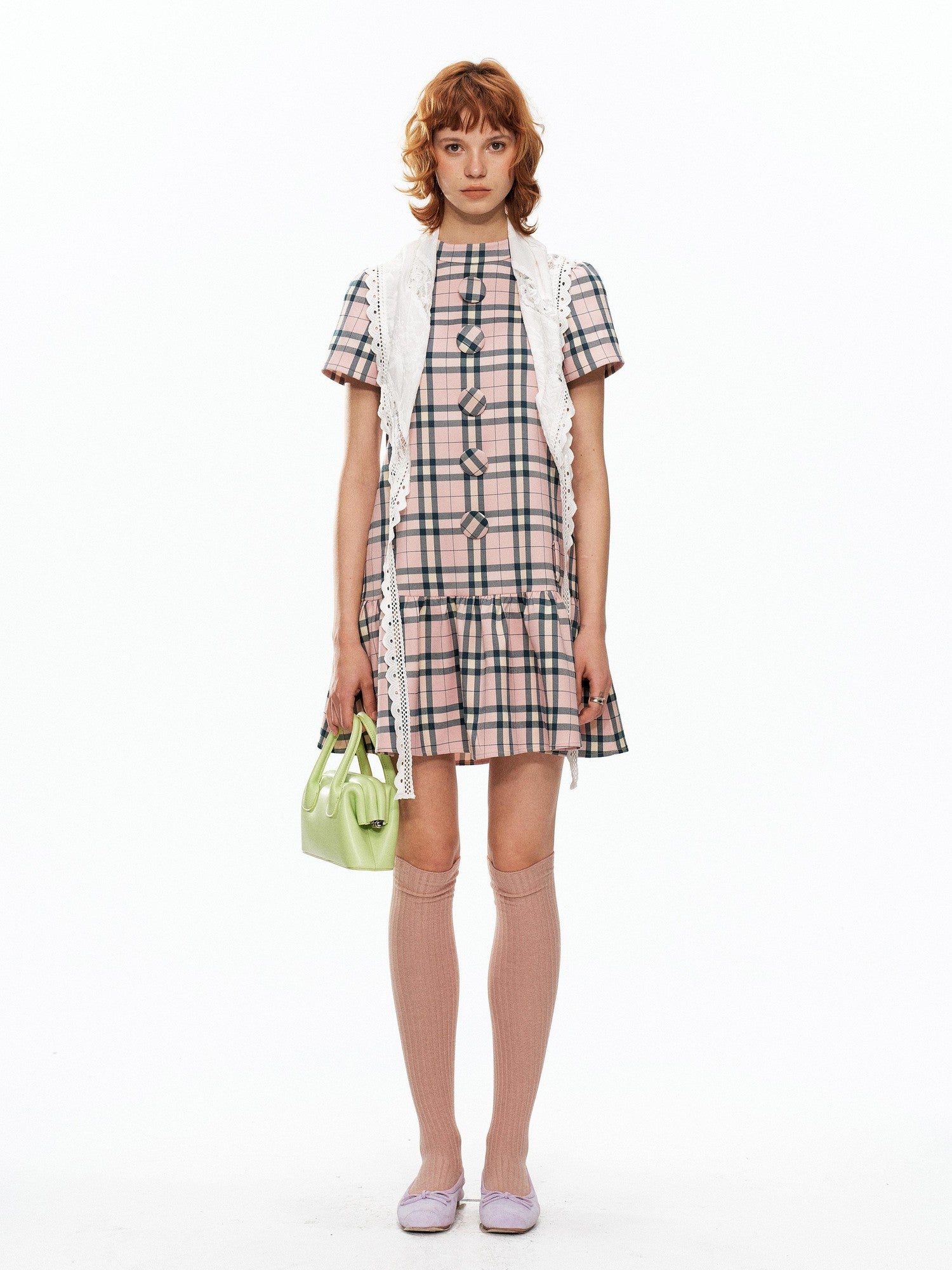 YOSHUYUKI Pink Plaid Large Button Straight A Line Women&
