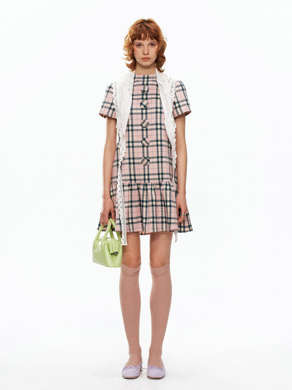 YOSHUYUKI Pink Plaid Large Button Straight A Line Women&
