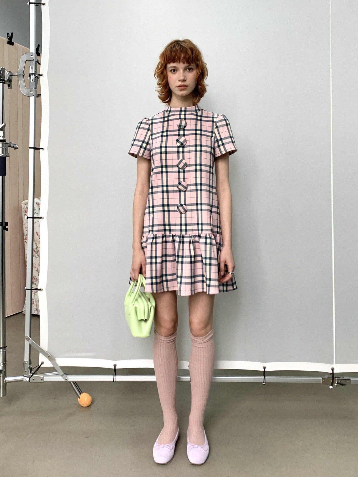 YOSHUYUKI Pink Plaid Large Button Straight A Line Women&