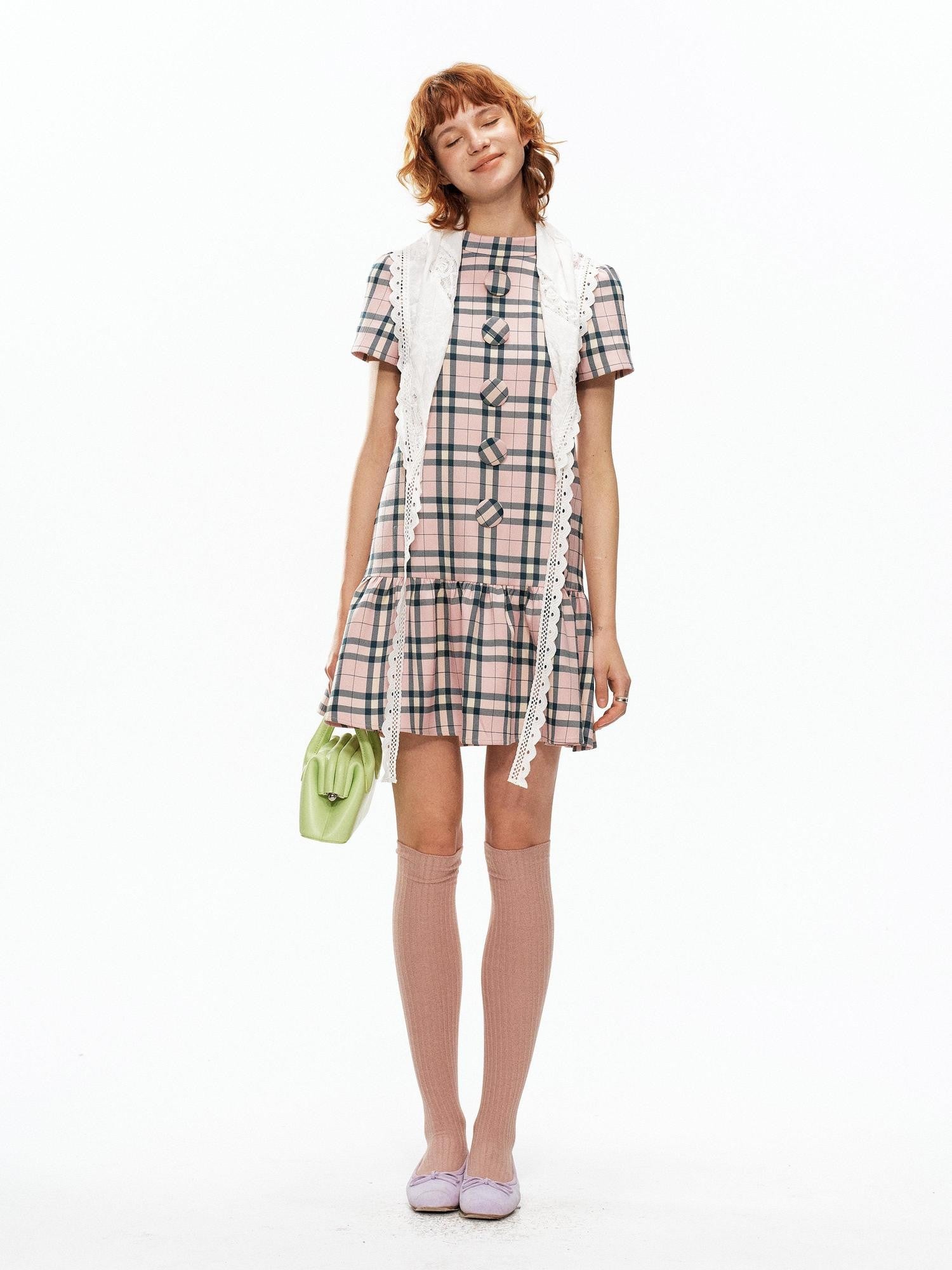 YOSHUYUKI Pink Plaid Large Button Straight A Line Women&