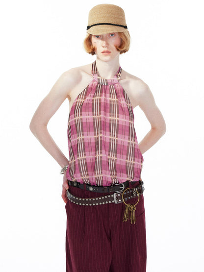 YOSHUYUKI Pink Purple Plaid Halter Top With Smocked Back