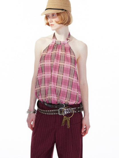 YOSHUYUKI Pink Purple Plaid Halter Top With Smocked Back
