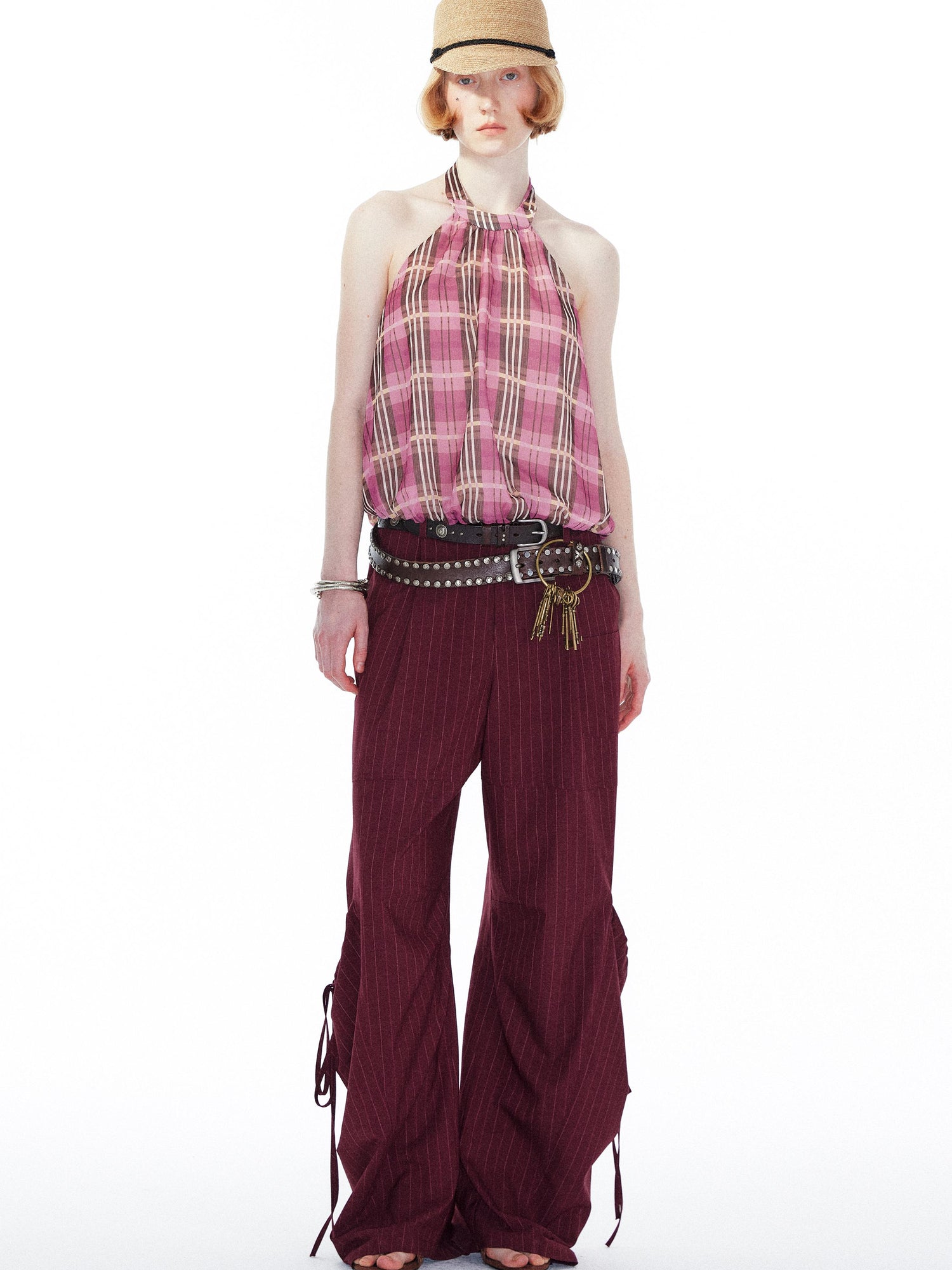 YOSHUYUKI Pink Purple Plaid Halter Top With Smocked Back
