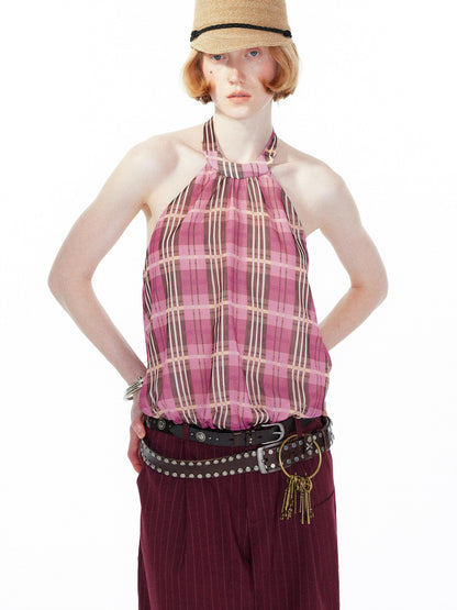 YOSHUYUKI Pink Purple Plaid Halter Top With Smocked Back
