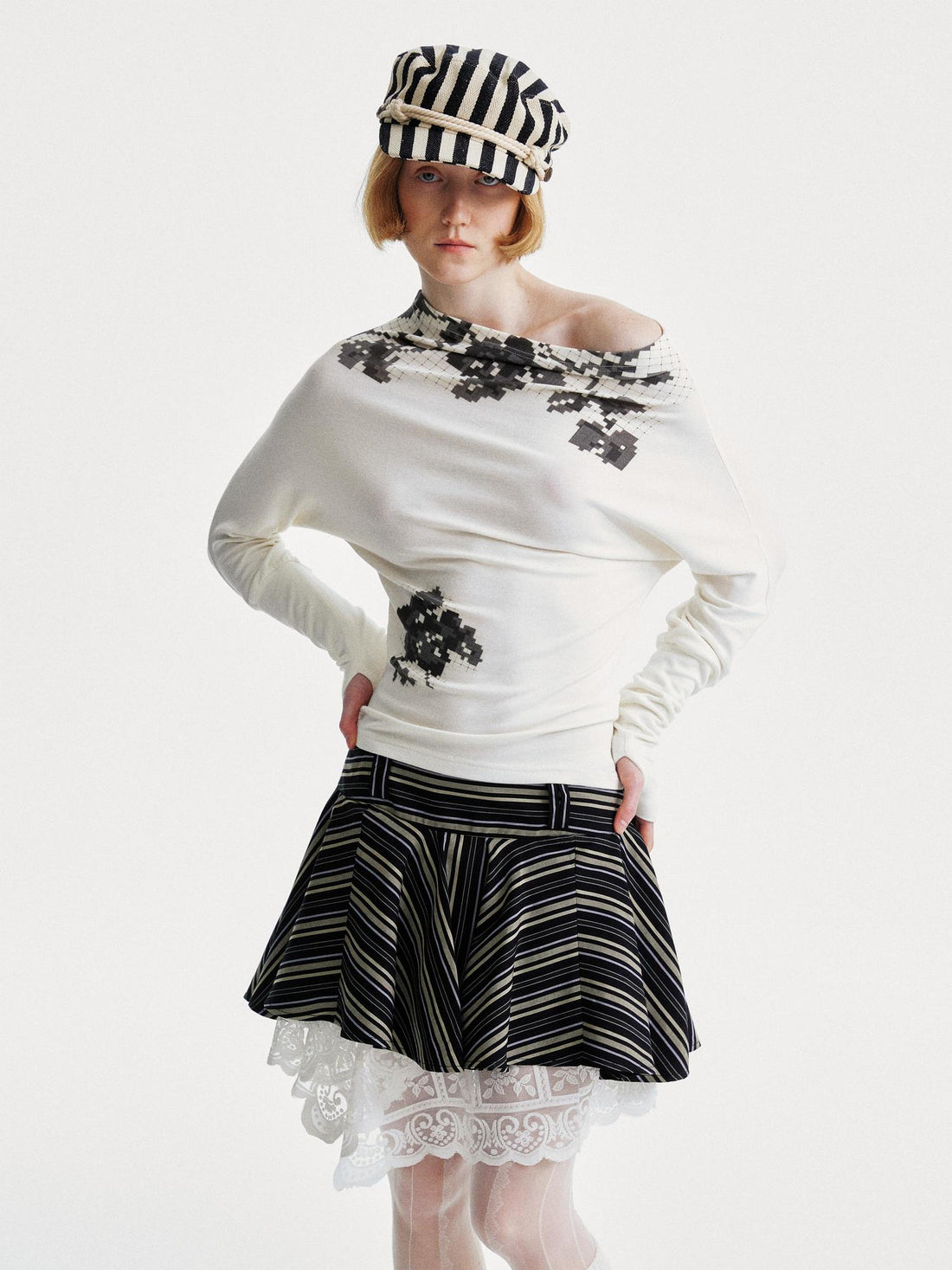 YOSHUYUKI Pixel Floral Off Shoulder Top