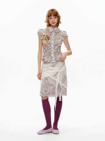 YOSHUYUKI Plaid Bubble Sleeve Ruched Slim Fit Short Sleeve Women&