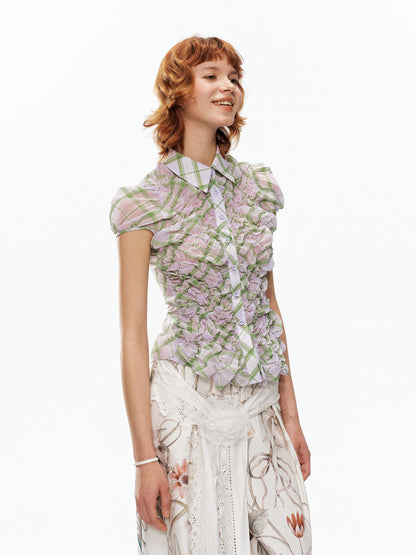YOSHUYUKI Plaid Bubble Sleeve Ruched Slim Fit Short Sleeve Women&