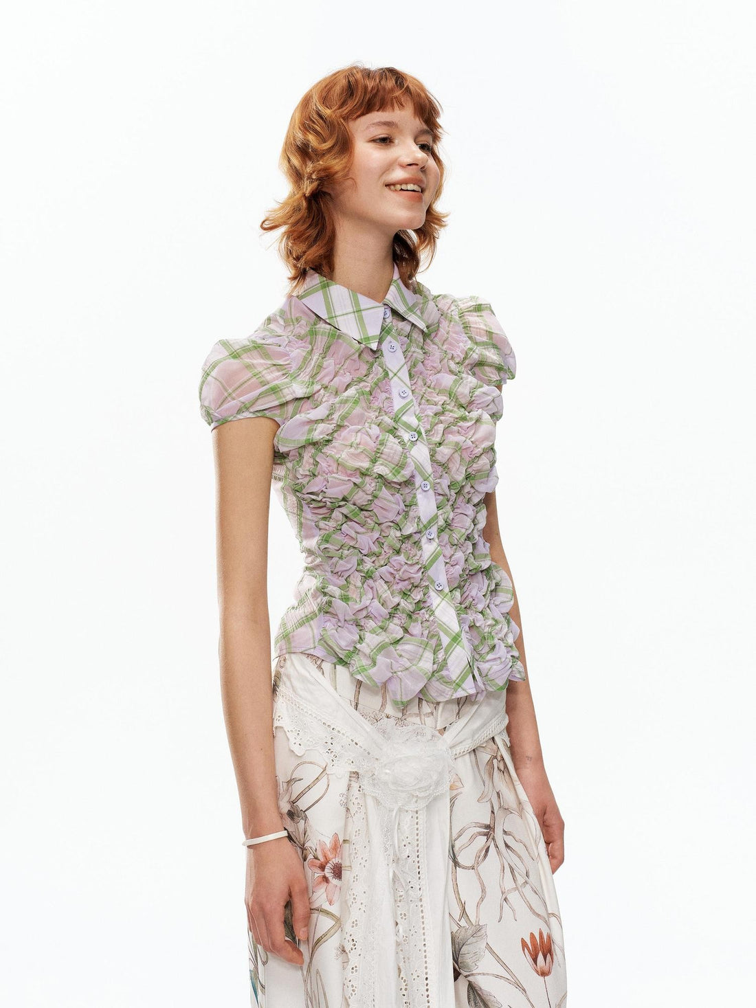 YOSHUYUKI Plaid Bubble Sleeve Ruched Slim Fit Short Sleeve Women&