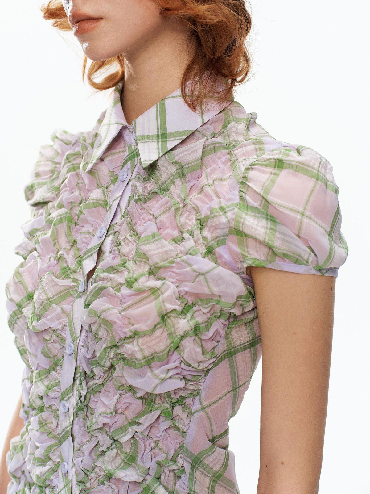 YOSHUYUKI Plaid Bubble Sleeve Ruched Slim Fit Short Sleeve Women&