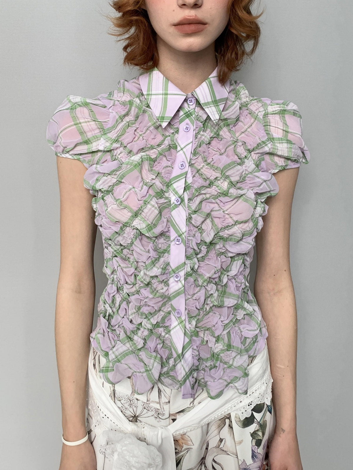 YOSHUYUKI Plaid Bubble Sleeve Ruched Slim Fit Short Sleeve Women&