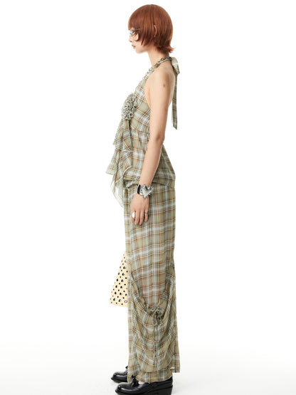 YOSHUYUKI Plaid Halter Neck Top with Floral Lace Trim