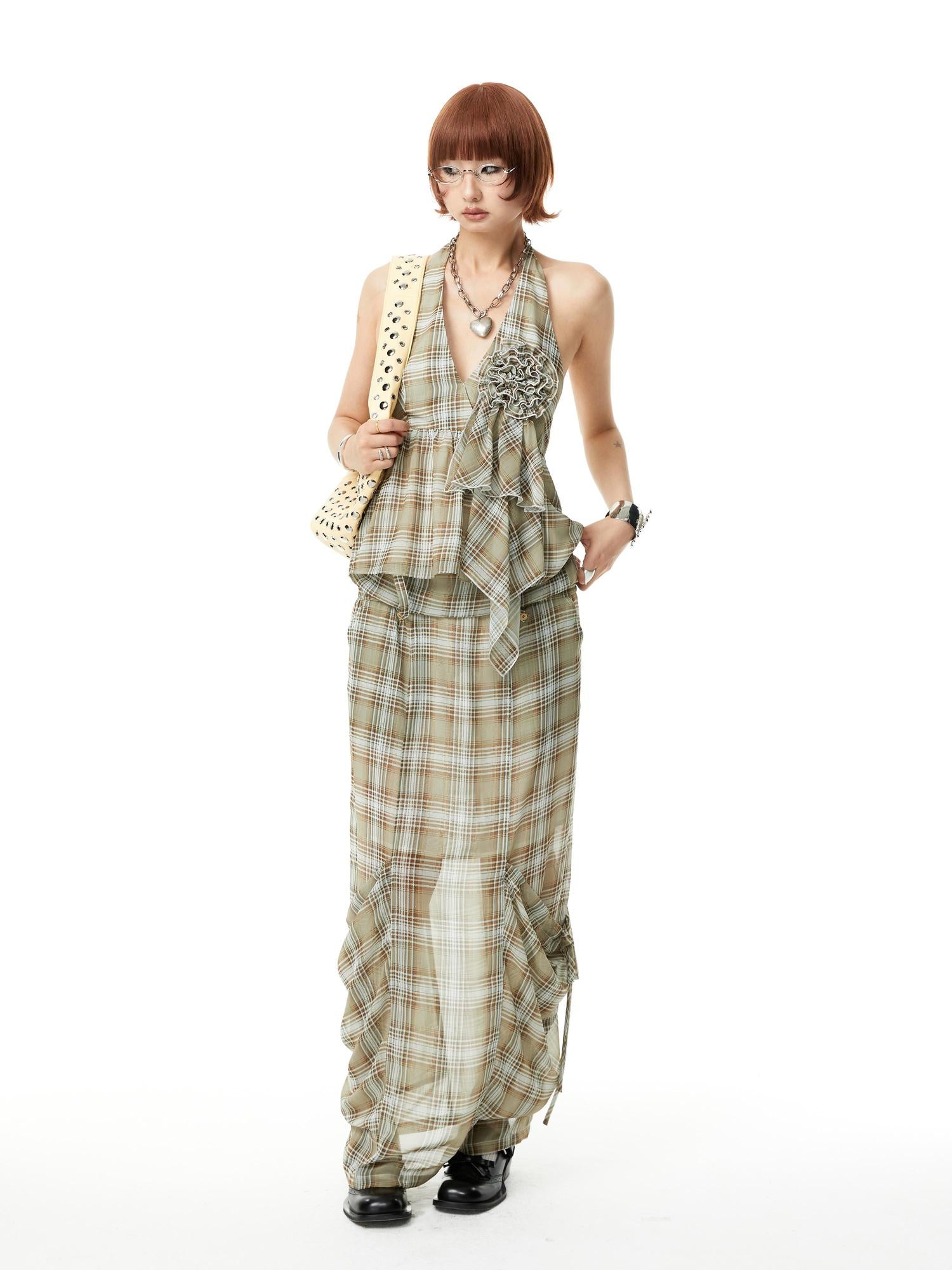 YOSHUYUKI Plaid Halter Neck Top with Floral Lace Trim