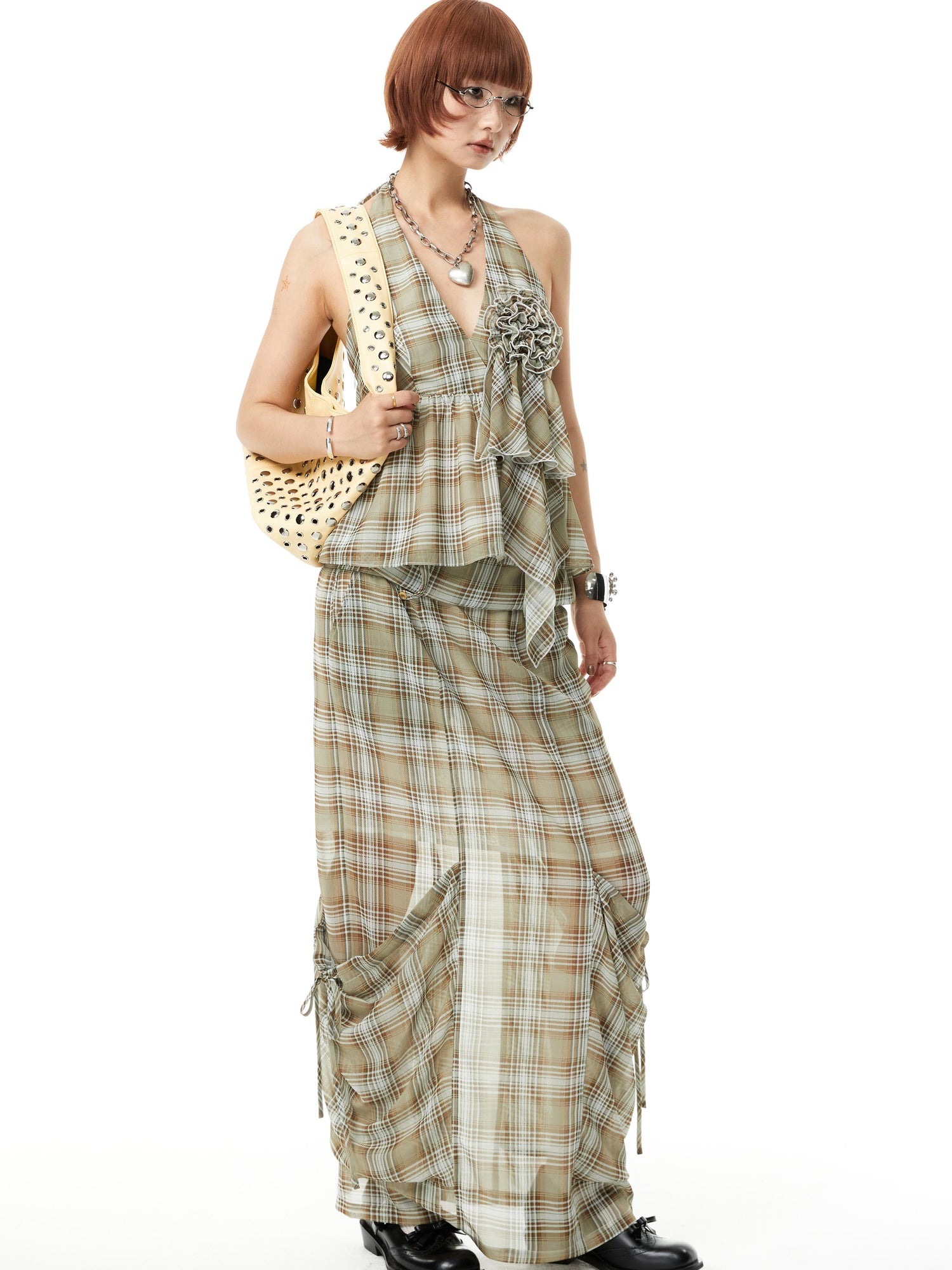 YOSHUYUKI Plaid Halter Neck Top with Floral Lace Trim