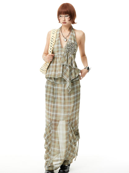 YOSHUYUKI Plaid Halter Neck Top with Floral Lace Trim