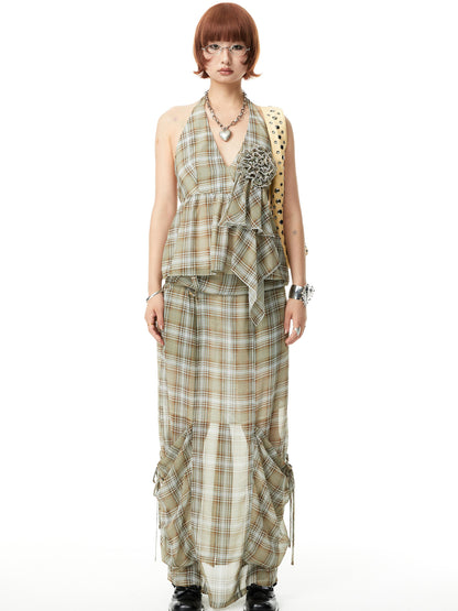 YOSHUYUKI Plaid Halter Neck Top with Floral Lace Trim