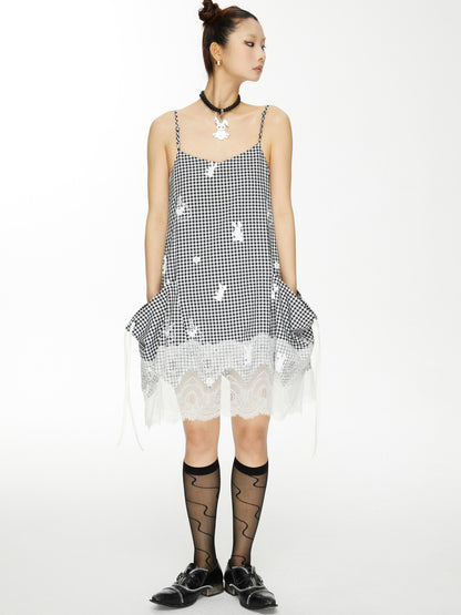 YOSHUYUKI Plaid Lace Trim Punk Rabbit Print Sundress