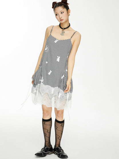 YOSHUYUKI Plaid Lace Trim Punk Rabbit Print Sundress