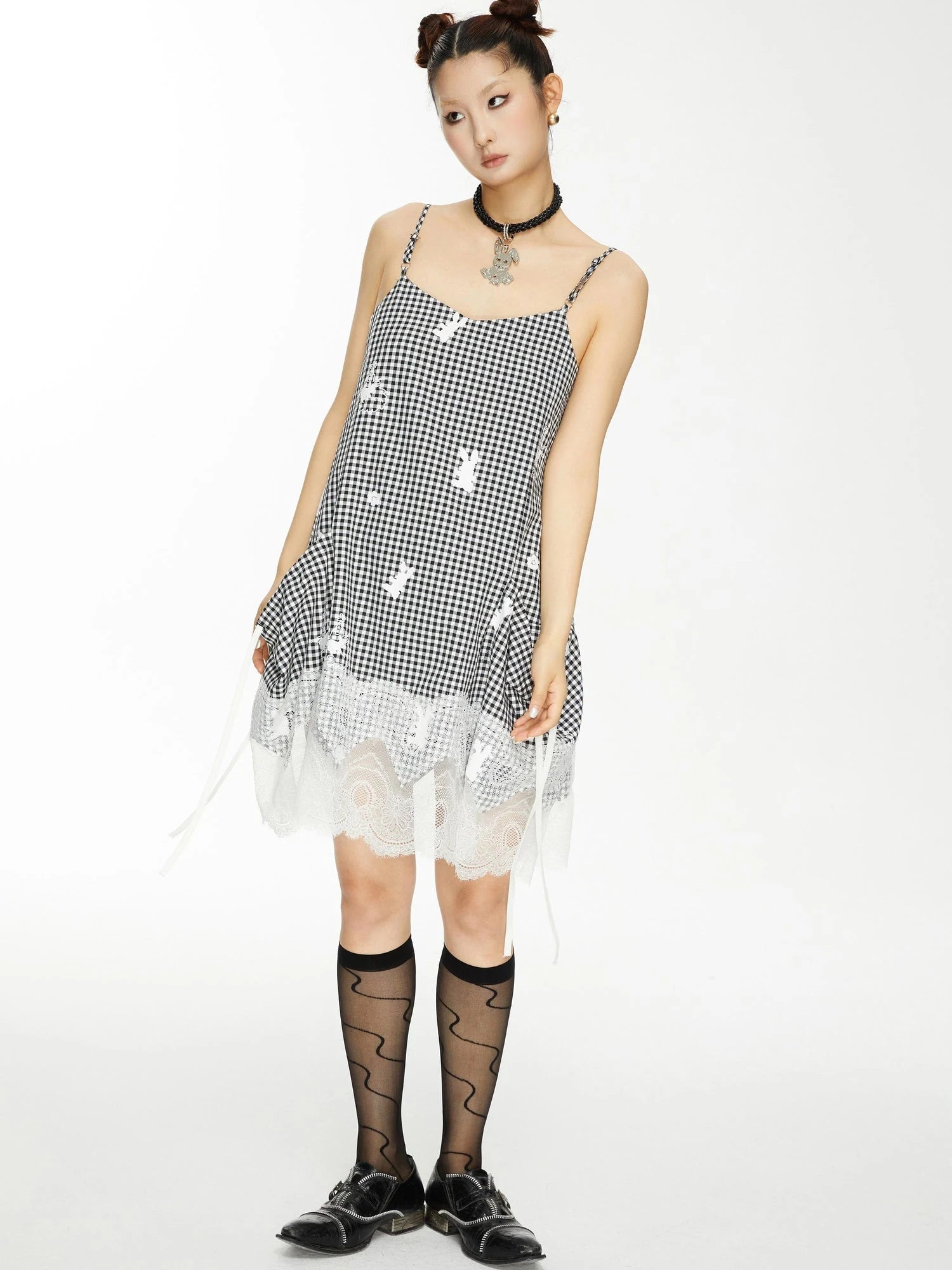 Plaid Lace Trim Punk Rabbit Print Sundress