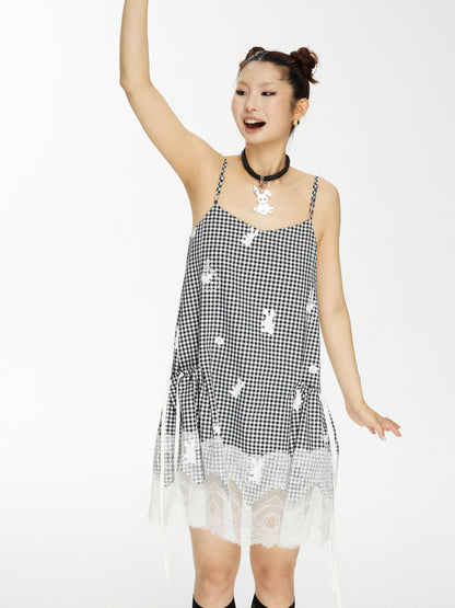 YOSHUYUKI Plaid Lace Trim Punk Rabbit Print Sundress