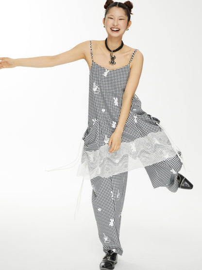 YOSHUYUKI Plaid Lace Trim Punk Rabbit Print Sundress