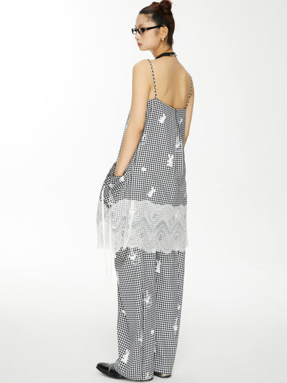 YOSHUYUKI Plaid Lace Trim Punk Rabbit Print Sundress