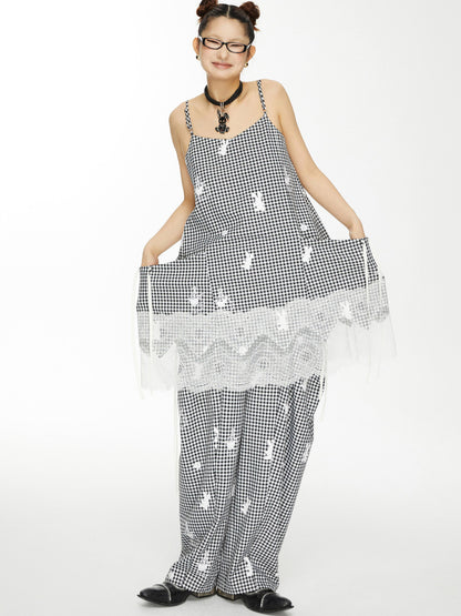 YOSHUYUKI Plaid Lace Trim Punk Rabbit Print Sundress