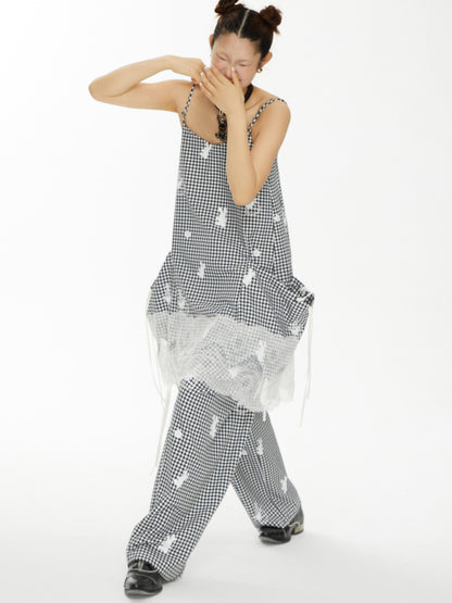 YOSHUYUKI Plaid Lace Trim Punk Rabbit Print Sundress