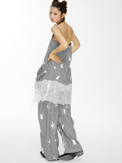 YOSHUYUKI Plaid Lace Trim Punk Rabbit Print Sundress