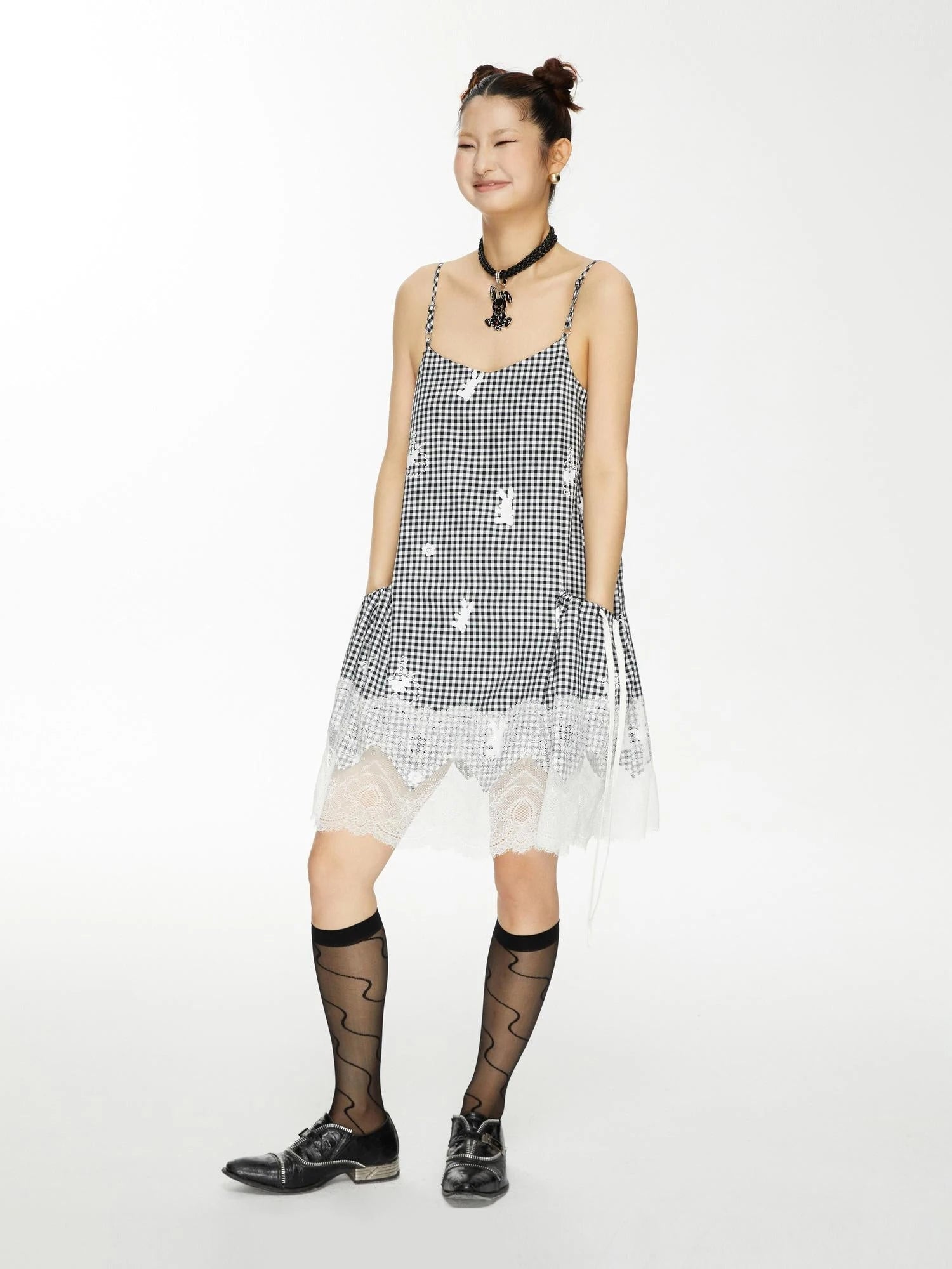 Plaid Lace Trim Punk Rabbit Print Sundress