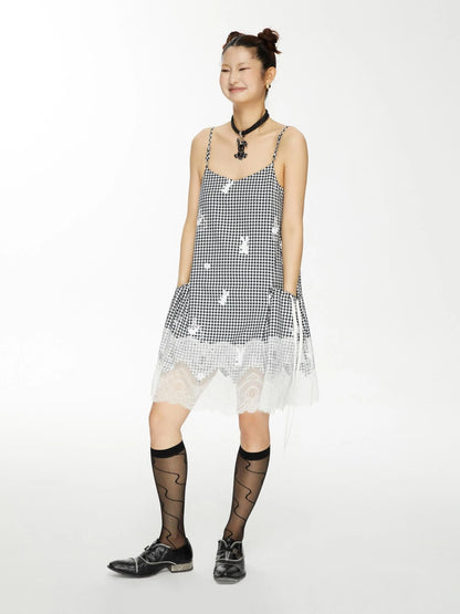 Plaid Lace Trim Punk Rabbit Print Sundress