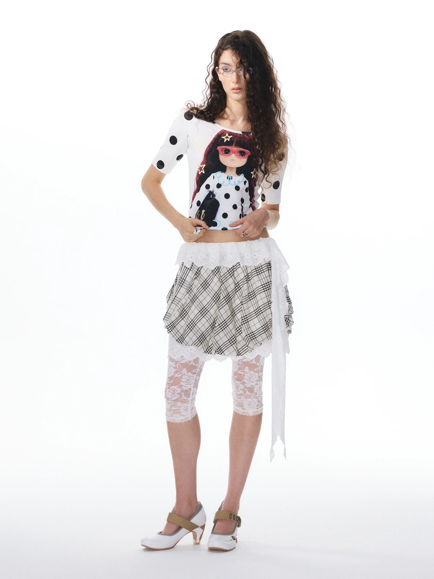 YOSHUYUKI Plaid Ribbon Tulip Lace Panel Low Waist Women&