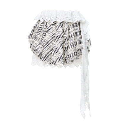 YOSHUYUKI_Plaid_Ribbon_Tulip_Lace_Panel_Low_Waist_Women&