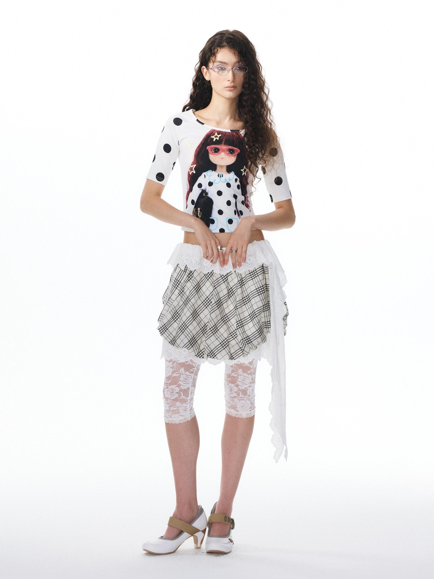 YOSHUYUKI Plaid Ribbon Tulip Lace Panel Low Waist Women&