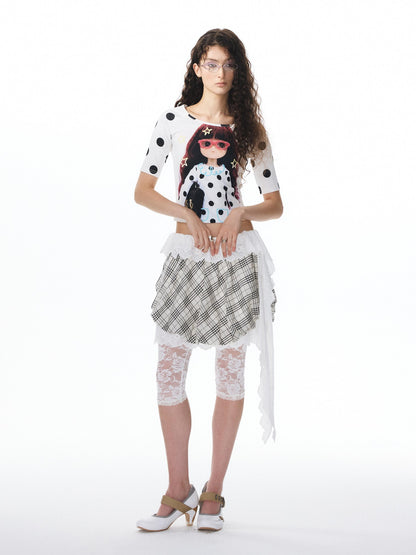 YOSHUYUKI Plaid Ribbon Tulip Lace Panel Low Waist Women&