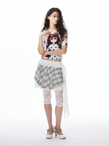 YOSHUYUKI Plaid Ribbon Tulip Lace Panel Low Waist Women&