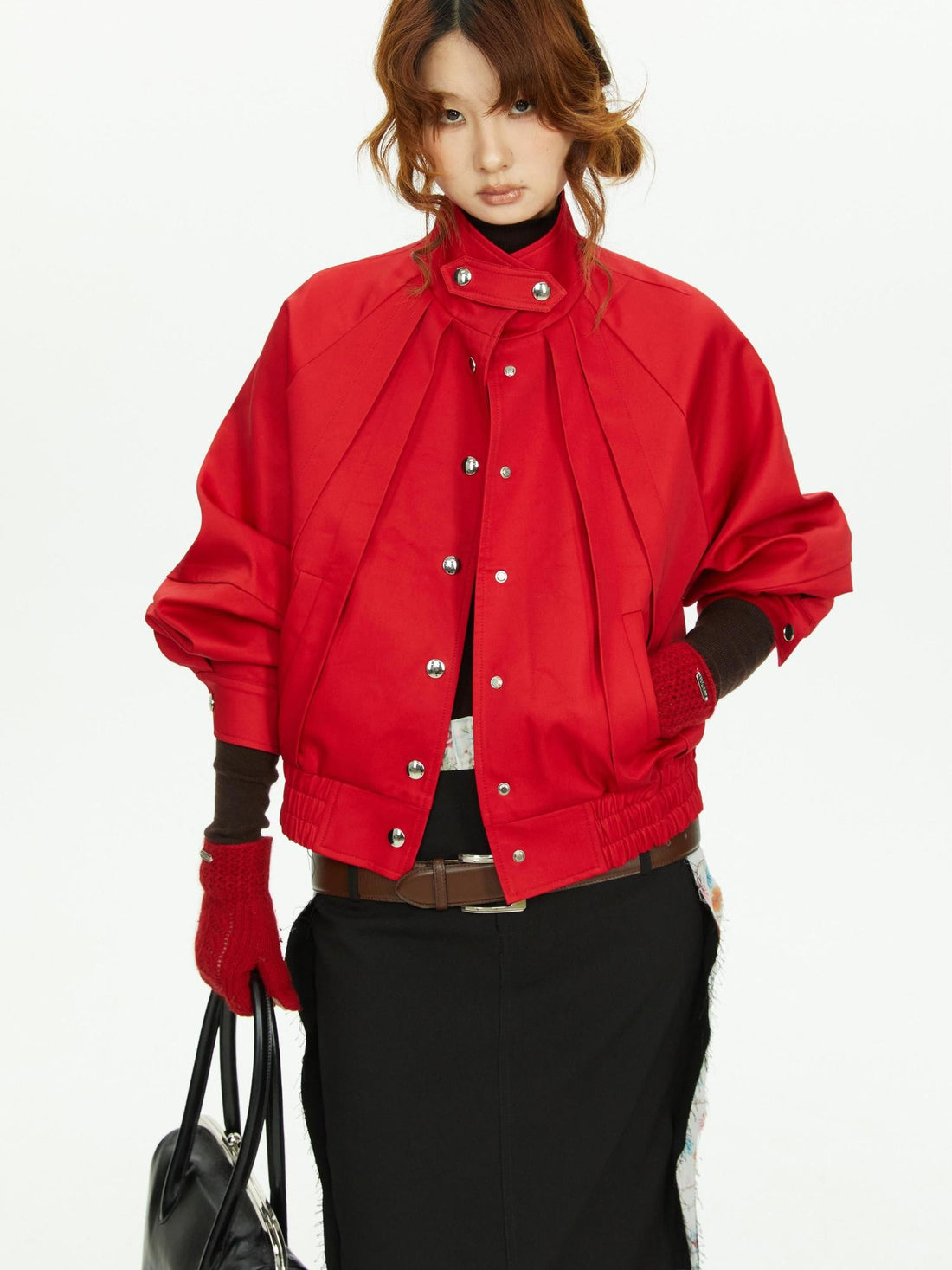 YOSHUYUKI Pleated Flap Red Cotton Polyester Women&