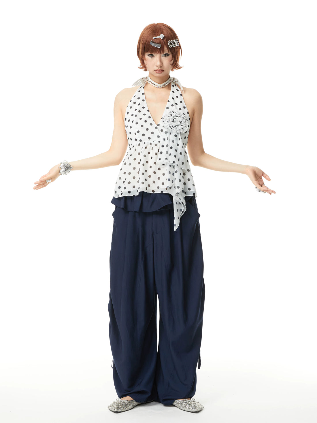 YOSHUYUKI Pleated Pocket Viscose Blend Wide Straight Relaxed Natural Waist Navy Pants-1
