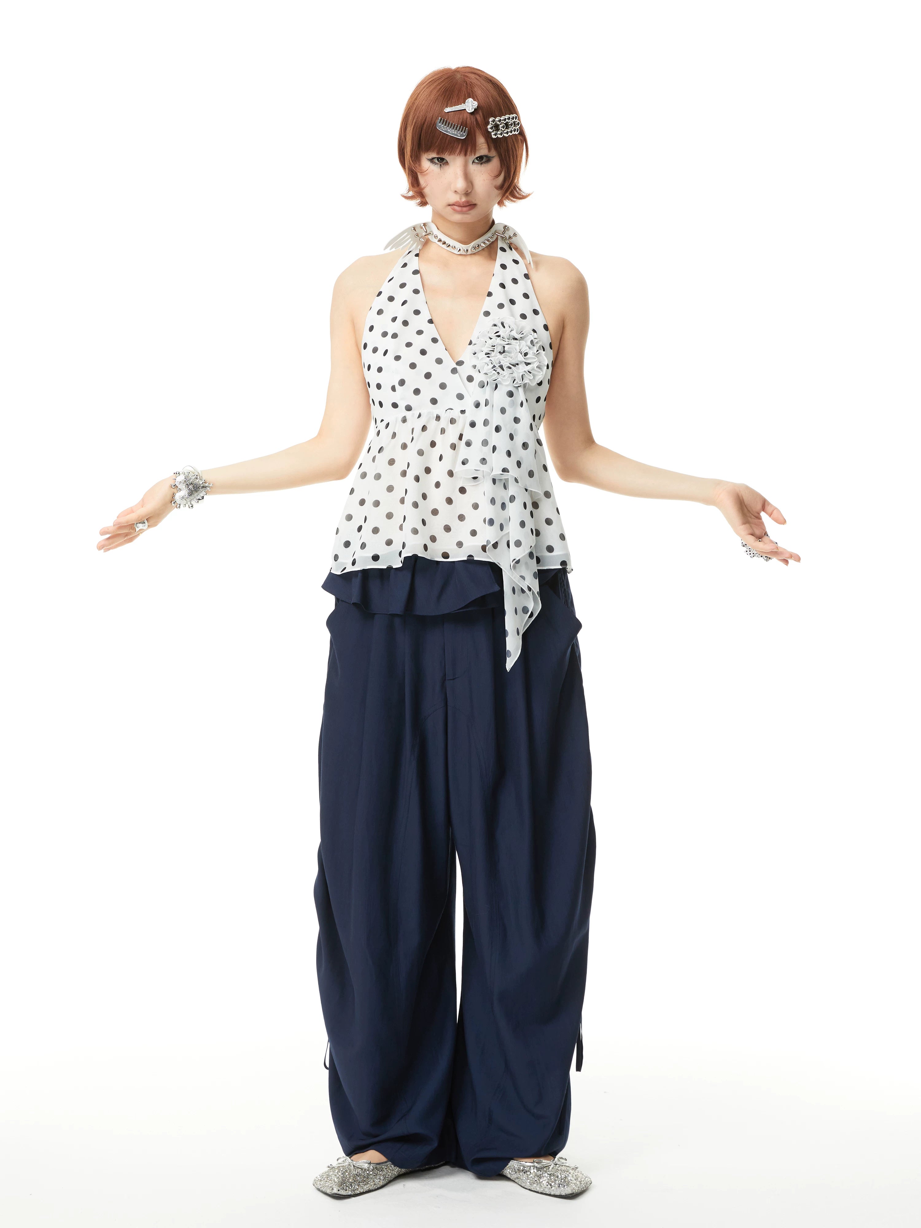 YOSHUYUKI Pleated Pocket Viscose Blend Wide Straight Relaxed Natural Waist Navy Pants-1